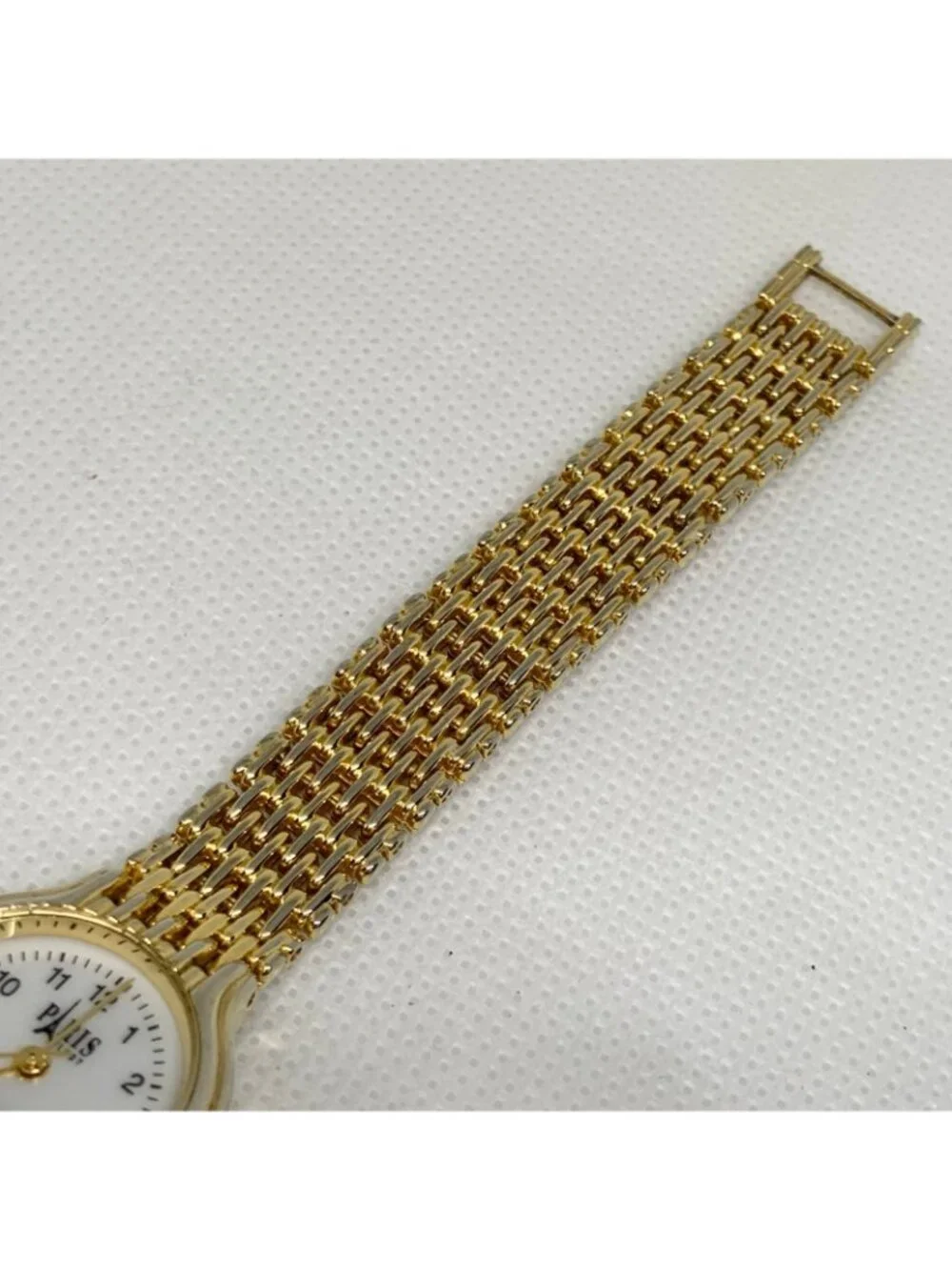 Vintage Paris 1937 gold tone women’s watch 23mm quartz bracelet 7.4” running
